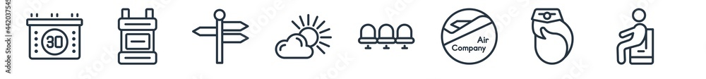linear set of airport terminal outline icons. line vector icons such as calendar day thirty, big backpack, direction post, sunny day, waiting place, waiting for flight vector illustration. linear set of airport terminal outline icons. line vector icons such as calendar day thirty, big backpack, direction post, sunny day, waiting place, waiting for flight vector illustration.