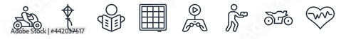 linear set of activities outline icons. line vector icons such as motorcycle riding, flying a kite, read, boggle, game playing, heart rate vector illustration.