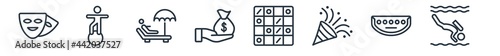 linear set of activities outline icons. line vector icons such as acting, balancing, relaxing, collecting, checkers, diving vector illustration.