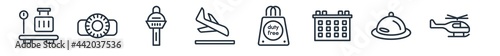 linear set of airport terminal outline icons. line vector icons such as baggage scale, flight panel, airport tower, plane landing, duty free bag, helicopter flying vector illustration.