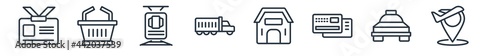 linear set of airport terminal outline icons. line vector icons such as identification badge, duty free basket, car trolley, trailer truck, hangar, airport placeholder vector illustration.