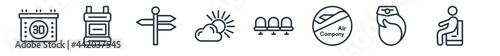 linear set of airport terminal outline icons. line vector icons such as calendar day thirty, big backpack, direction post, sunny day, waiting place, waiting for flight vector illustration.