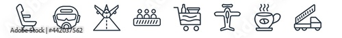 linear set of airport terminal outline icons. line vector icons such as airplane seat, pilot helmet, landing runway, escalator with right arrow, trolley with food, gangway truck vector illustration.