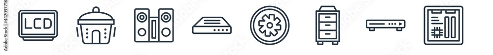 linear set of electronic devices outline icons. line vector icons such as lcd, rice cooker, stereo, drive, turbine, motherboard vector illustration. linear set of electronic devices outline icons. line vector icons such as lcd, rice cooker, stereo, drive, turbine, motherboard vector illustration.
