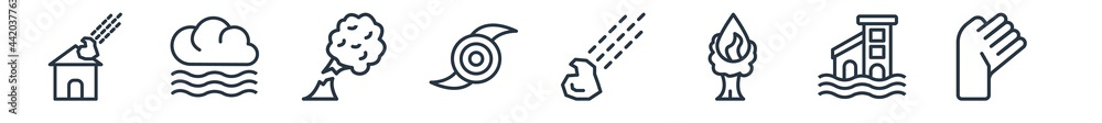 linear set of meteorology outline icons. line vector icons such as comet and house, foggy, broken tree by wind, hurricane, space comet, revolution vector illustration. linear set of meteorology outline icons. line vector icons such as comet and house, foggy, broken tree by wind, hurricane, space comet, revolution vector illustration.