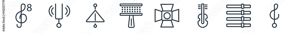 linear set of music outline icons. line vector icons such as octave, tuning fork, music triangle, cabasa, music spotlight, clef vector illustration. linear set of music outline icons. line vector icons such as octave, tuning fork, music triangle, cabasa, music spotlight, clef vector illustration.