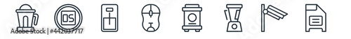 linear set of electronic devices outline icons. line vector icons such as cold-pressed juicer, operating system, mousetrap, mouse, trash compactor, floppy vector illustration.