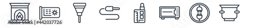 linear set of electronic devices outline icons. line vector icons such as furnace, video card, laser machine, jack, vaporizer, crock-pot vector illustration.