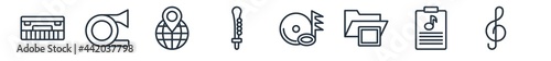 linear set of music and media outline icons. line vector icons such as synthesizer, french horn, globe with pointer, oboe, music record, treble clef vector illustration.