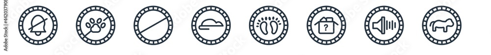 linear set of signs outline icons. line vector icons such as silence, no animals, forbidden, rats, barefoot, pet vector illustration.
