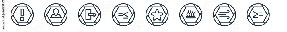 linear set of signs outline icons. line vector icons such as exclamation mark, maps and location, exit right arrow, is less than or equal to, favourite star, is greater than or equal to vector linear set of signs outline icons. line vector icons such as exclamation mark, maps and location, exit right arrow, is less than or equal to, favourite star, is greater than or equal to vector