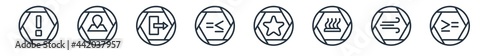 linear set of signs outline icons. line vector icons such as exclamation mark, maps and location, exit right arrow, is less than or equal to, favourite star, is greater than or equal to vector