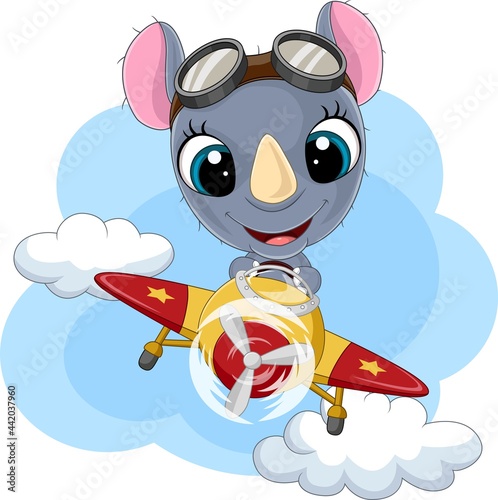 Cartoon baby rhino riding rocket
