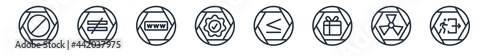 linear set of signs outline icons. line vector icons such as prohibition, is not equal to, internet, premium badge, is less than, emergency exit vector illustration.