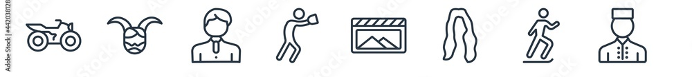 linear set of user outline icons. line vector icons such as motorcyclist, satyr, groom avatar, catcher, scene, indonesian vector illustration. linear set of user outline icons. line vector icons such as motorcyclist, satyr, groom avatar, catcher, scene, indonesian vector illustration.