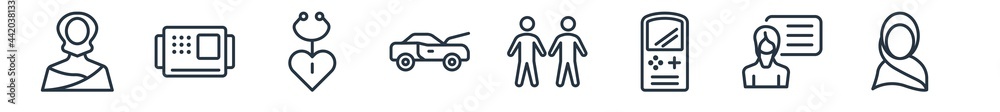 linear set of user outline icons. line vector icons such as malaysian, kasa, checkup, hood open, gay couple, muslim woman vector illustration. linear set of user outline icons. line vector icons such as malaysian, kasa, checkup, hood open, gay couple, muslim woman vector illustration.