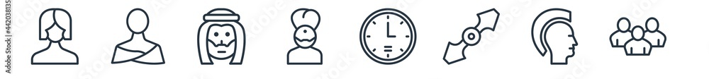 linear set of user outline icons. line vector icons such as indian women, thai, arab man, fakir, round wall clock, family avatars vector illustration. linear set of user outline icons. line vector icons such as indian women, thai, arab man, fakir, round wall clock, family avatars vector illustration.