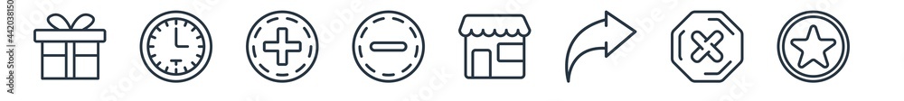 linear set of user interface outline icons. line vector icons such as giftbox, hour, more, subtraction, store, favorites button vector illustration. linear set of user interface outline icons. line vector icons such as giftbox, hour, more, subtraction, store, favorites button vector illustration.