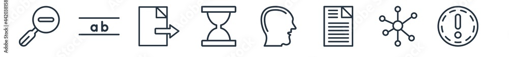 linear set of user interface outline icons. line vector icons such as zoom out, lowercase, export, waiting, head, exclamation button vector illustration. linear set of user interface outline icons. line vector icons such as zoom out, lowercase, export, waiting, head, exclamation button vector illustration.
