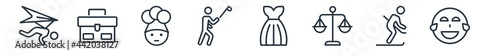 linear set of user outline icons. line vector icons such as glide, businessman briefcase, baker, golfer, gown, laughing smile vector illustration.
