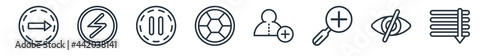 linear set of web navigation outline icons. line vector icons such as go, lightining, pause, shutter, add user, sort down vector illustration.