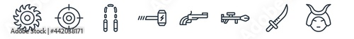 linear set of weapons outline icons. line vector icons such as blade, shooting target, japanese nunchaku, thor hammer, musket, samurai vector illustration.