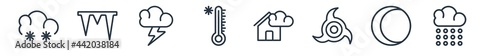 linear set of weather outline icons. line vector icons such as snow cloud, icy, stormy, hot, patchy fog, snowing vector illustration.