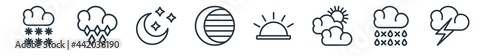 linear set of weather outline icons. line vector icons such as snowy, ice pellets, starry night, waxing moon, sunrise, thunderstorm vector illustration.