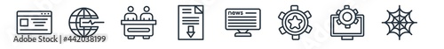 linear set of web outline icons. line vector icons such as web page variant, web stocks data line graphic interface, newscaster, download file, news, cobweb and spider vector illustration.