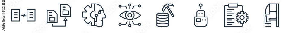 linear set of artificial intellegence outline icons. line vector icons such as data transfer, memory transfer, cyborg, bionic eye, data mining, sensorama vector illustration. linear set of artificial intellegence outline icons. line vector icons such as data transfer, memory transfer, cyborg, bionic eye, data mining, sensorama vector illustration.