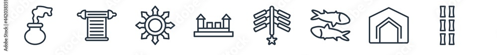 linear set of asian outline icons. line vector icons such as smoke bomb, scrolls, shuriken, great wall of china, firecrackers, bamboo vector illustration.