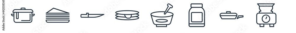linear set of bistro and restaurant outline icons. line vector icons such as bistro pot, cake piece with cream, thin knife, crepe and cream, mortar with mace, electric weight scale vector linear set of bistro and restaurant outline icons. line vector icons such as bistro pot, cake piece with cream, thin knife, crepe and cream, mortar with mace, electric weight scale vector