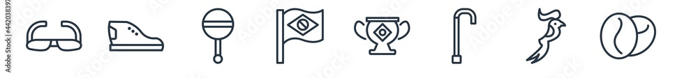 linear set of brazilia outline icons. line vector icons such as sun glasses, shoes, rattle, flags, trophy, coffee beans vector illustration.