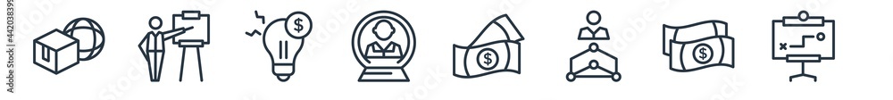linear set of business outline icons. line vector icons such as logistic, graphic panel and man, ideas to earn money, businessman inside a ball, dollar bills, small presentation board vector linear set of business outline icons. line vector icons such as logistic, graphic panel and man, ideas to earn money, businessman inside a ball, dollar bills, small presentation board vector