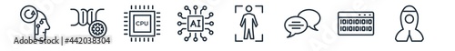 linear set of artificial intellegence outline icons. line vector icons such as deformity, genetic modification, cpu, ai grid, body scan, outer space vector illustration.