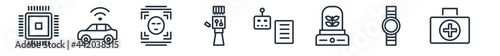 linear set of artificial intelligence outline icons. line vector icons such as chip, driverless autonomous car, face recognition, bionic arm, laws of robotics, medicine vector illustration.