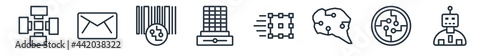 linear set of artificial intellegence outline icons. line vector icons such as nano sensor, mail, high capacity color barcode, difference engine, match moving, robot assistant vector illustration.