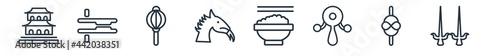 linear set of asian outline icons. line vector icons such as forbidden city, tonfa, sky lantern, dragon, spike, sai vector illustration.