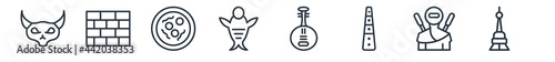 linear set of asian outline icons. line vector icons such as hannya, tatami, xiaolongbao, dummy, pipa, oriental pearl tower vector illustration.
