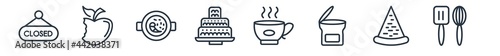 linear set of bistro and restaurant outline icons. line vector icons such as closed, apple with skin, paella with parwns, decorated cake, hot mug, spatula utensil vector illustration.