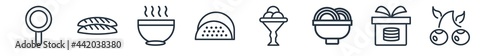 linear set of bistro and restaurant outline icons. line vector icons such as frying pan from top, load of bread, hot soup, pita bread, ice cream balls cup, two cherries vector illustration.