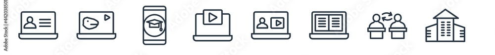 linear set of e learning outline icons. line vector icons such as computer-based training, paleontology, mobile learning, video tutorial, online training, daycare center vector illustration. linear set of e learning outline icons. line vector icons such as computer-based training, paleontology, mobile learning, video tutorial, online training, daycare center vector illustration.