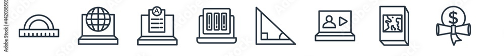 linear set of e learning and education outline icons. line vector icons such as study tools, online education, homework, online library, trigonometry, scholarship vector illustration. linear set of e learning and education outline icons. line vector icons such as study tools, online education, homework, online library, trigonometry, scholarship vector illustration.
