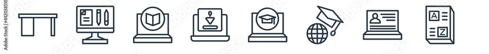 linear set of e learning and education outline icons. line vector icons such as teacher desk, sheet, e learning, geology, online course, vocabulary vector illustration.