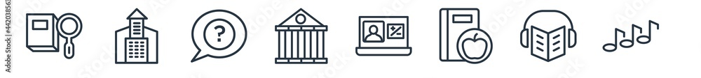 linear set of education outline icons. line vector icons such as research with books, university, unknown topic, bank, online class, musical note vector illustration.