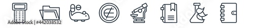 linear set of education outline icons. line vector icons such as school calculator, open file, experimentation, is not an element of, biology microscope, notebook with bookmark vector illustration.