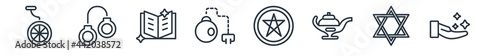 linear set of magic outline icons. line vector icons such as unicycle, handcuffs, magic book, fetters, ritual, spell vector illustration.