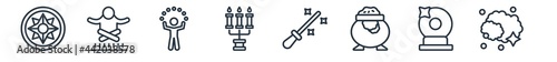 linear set of magic outline icons. line vector icons such as astral, levitation, juggler, candelabra, wand, dust vector illustration.