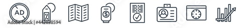 linear set of marketing outline icons. line vector icons such as ad blocker, sale, flyer, sales, result, performance vector illustration.