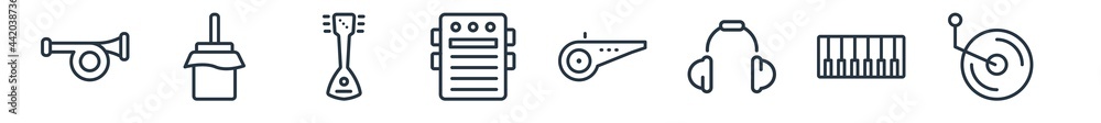 linear set of music outline icons. line vector icons such as null, zambomba, russian, guitar pedal, football referee whistle, recorder player vector illustration. linear set of music outline icons. line vector icons such as null, zambomba, russian, guitar pedal, football referee whistle, recorder player vector illustration.